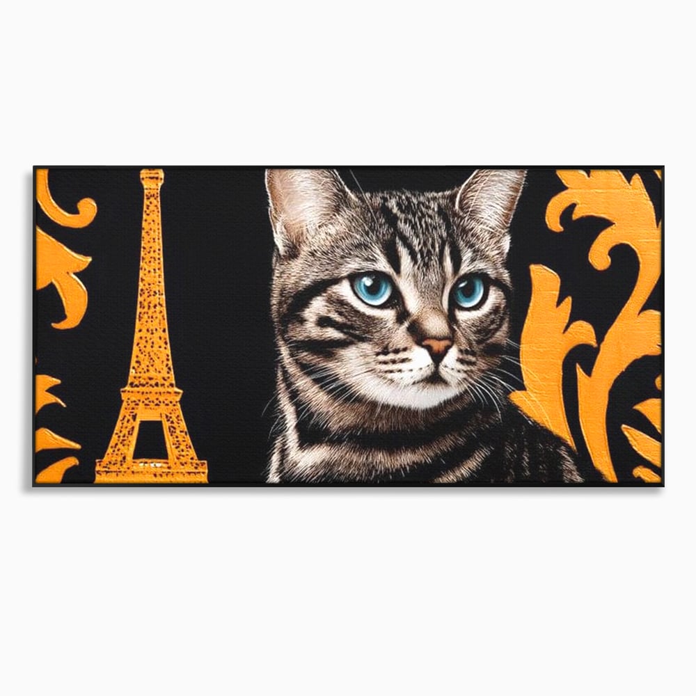 Tablou canvas cu tablou canvas cu pisica si turnul eiffel, in rama de aluminiu negru